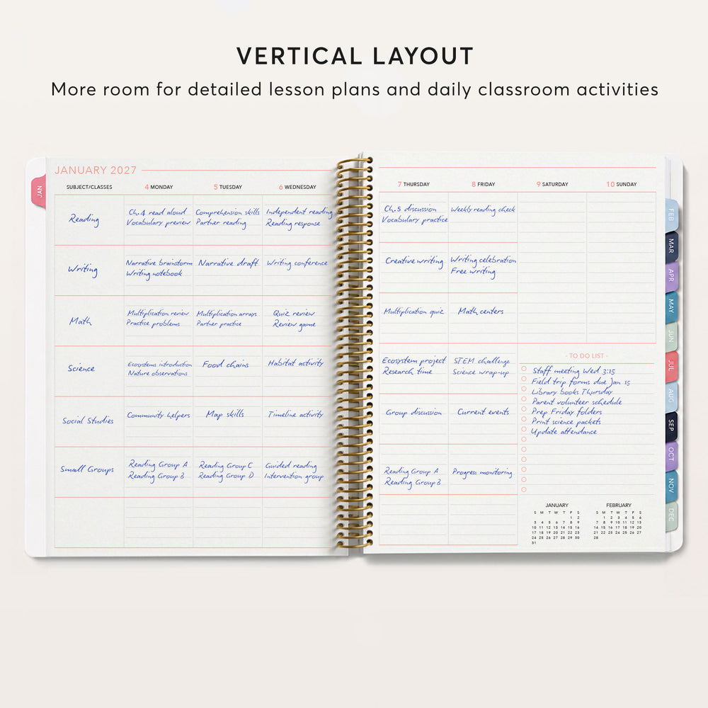 
                  
                    The image is a page from a spiral-bound notebook with a vertical layout, displaying a detailed schedule for a school year.
                  
                