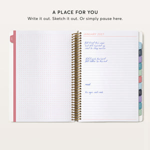 
                  
                    Open 6×9 fitness planner with a dotted notes page and a January 2027 lined notes page.
                  
                