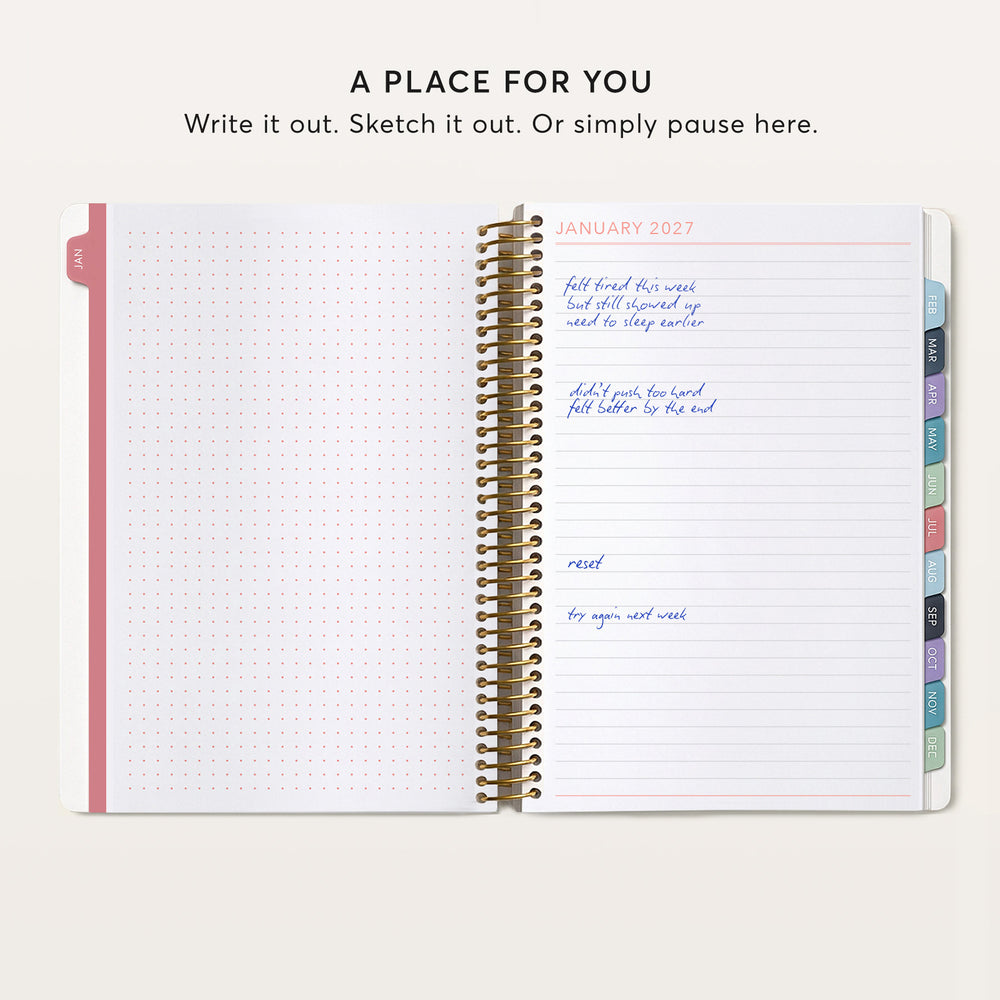 
                  
                    The image is a page from a spiral-bound notebook with a blank page and a lined page with writing on it. The page with writing appears to be a calendar page for January 2021.
                  
                
