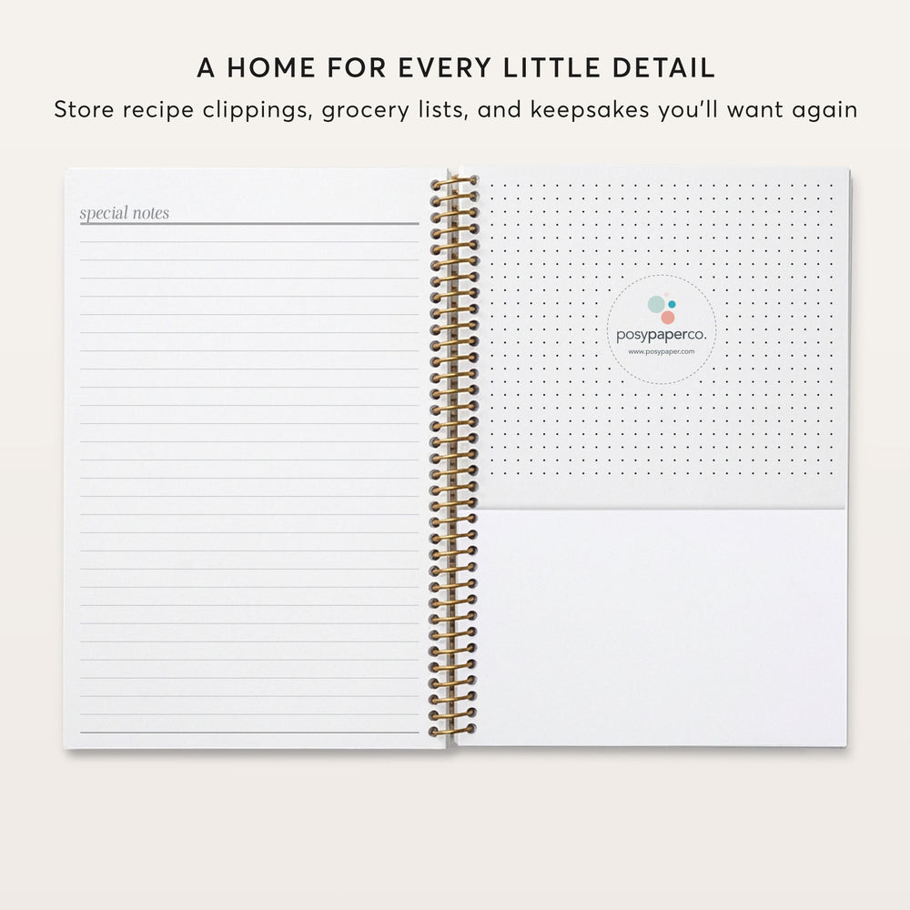
                  
                    The image is a page from a spiral-bound notebook with a blank page on the left and a page with a dotted grid on the right. The text above the notebook reads "A HOME FOR EVERY LITTLE DETAIL" and below it, "Store recipe clips, grocery lists, and keepsakes you'll want again".
                  
                