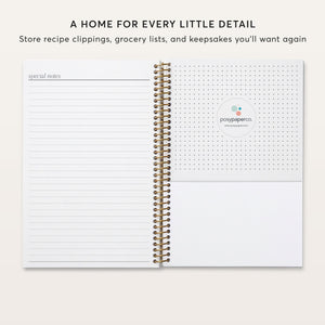 
                  
                    Meal planner back pocket beside a lined notes page.
                  
                