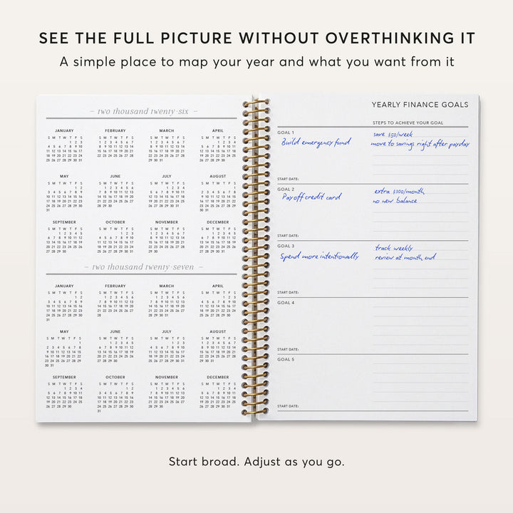 Budget planner year-at-a-glance calendar beside yearly financial goals.