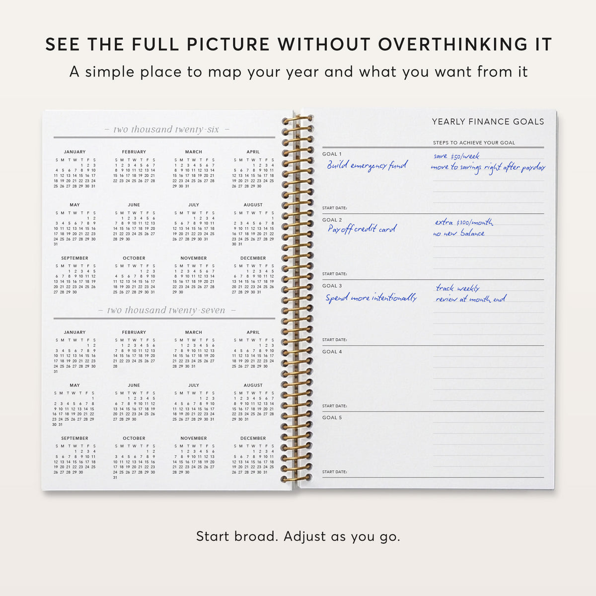 Budget planner year-at-a-glance calendar beside yearly financial goals.