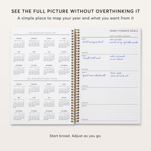 
                  
                    Budget planner year-at-a-glance calendar beside yearly financial goals.
                  
                