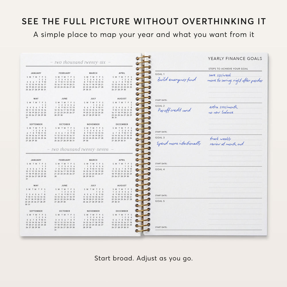 The image is a page from a notebook or planner with a calendar for the year. It includes a list of financial goals and a calendar for tracking expenses and savings. The page is designed to help users visualize their financial goals and plan their spending and savings over the course of the year.