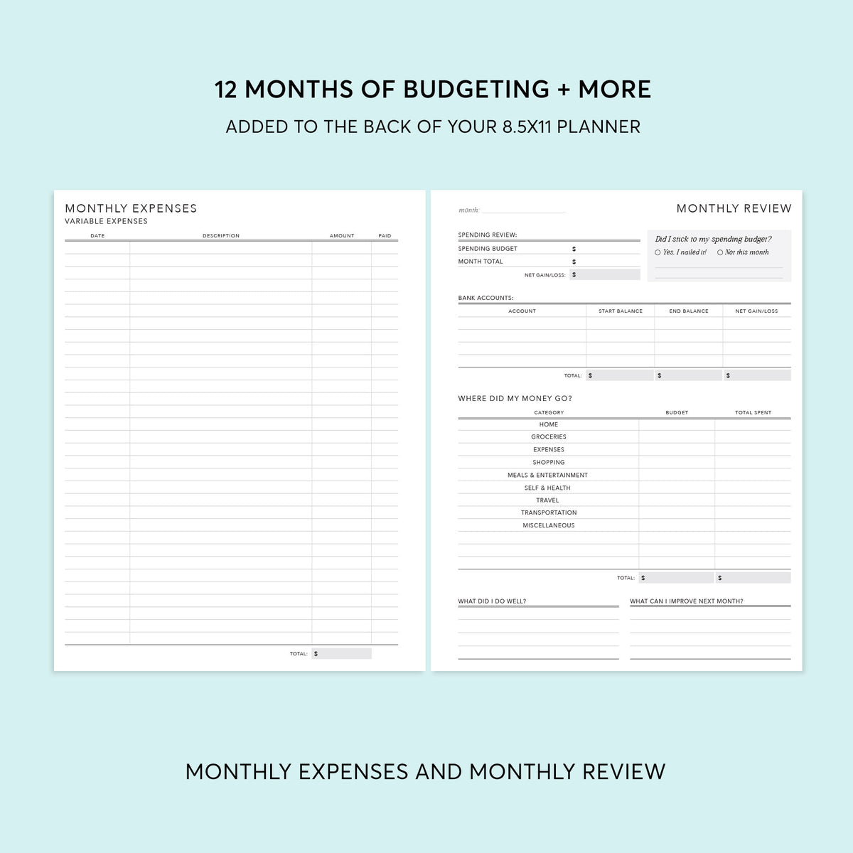 8.5×11 budget add-on showing monthly expenses and monthly review pages