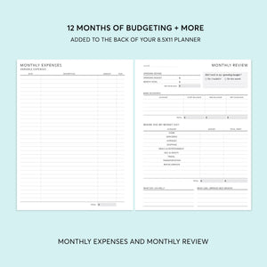 
                  
                    8.5×11 budget add-on showing monthly expenses and monthly review pages
                  
                
