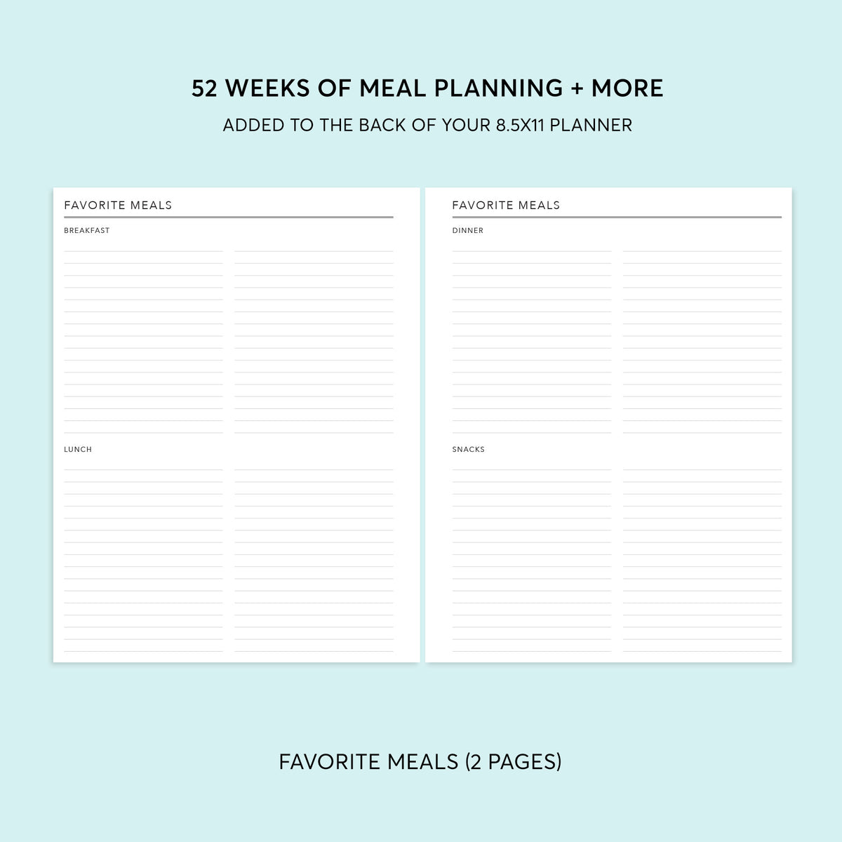 Weekly meal planning and shopping list pages in the 8.5×11 planner meal planning add-on.