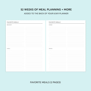 
                  
                    Weekly meal planning and shopping list pages in the 8.5×11 planner meal planning add-on.
                  
                