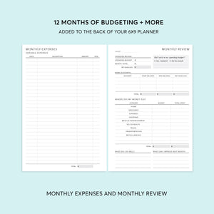 
                  
                    6×9 budget add-on showing monthly expenses and monthly review pages
                  
                