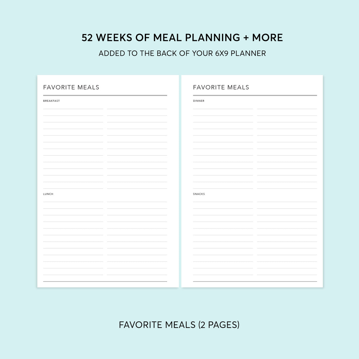 6×9 meal-planning add-on showing favorite meals pages
