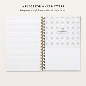 
                  
                    Gratitude journal back pocket beside a lined notes page.
                  
                
