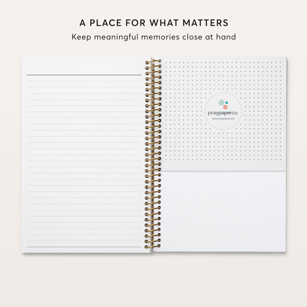 
                  
                    a spiral-bound notebook with blank lined pages, and a page with a dotted grid pattern.
                  
                