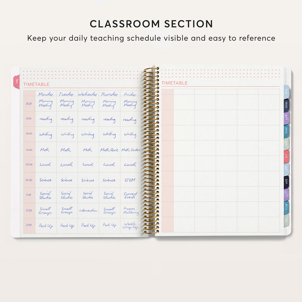 
                  
                    an open spiral-bound notebook with a daily teaching schedule and a blank timetable page. The notebook is titled "CLASSROOM SECTION" and has a section for keeping the daily teaching schedule visible and easy to reference.
                  
                