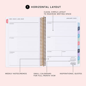 
                  
                    a spiral bound planner with the words horizontal layout
                  
                