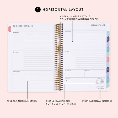 a spiral bound planner with the words horizontal layout