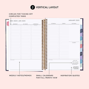 
                  
                    Vertical weekly planner layout with daily columns, task checkboxes and weekly notes.
                  
                