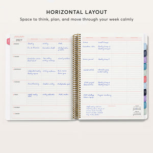 
                  
                    Teacher planner with a horizontal weekly lesson layout and handwritten classroom plans.
                  
                