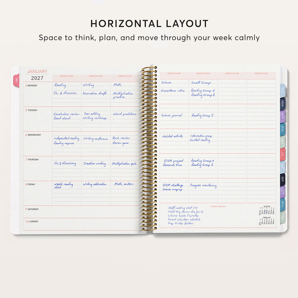 The image is a page from a spiral-bound notebook with a horizontal layout, displaying a calendar for the month of January, a schedule for the week, and a list of subjects and activities.