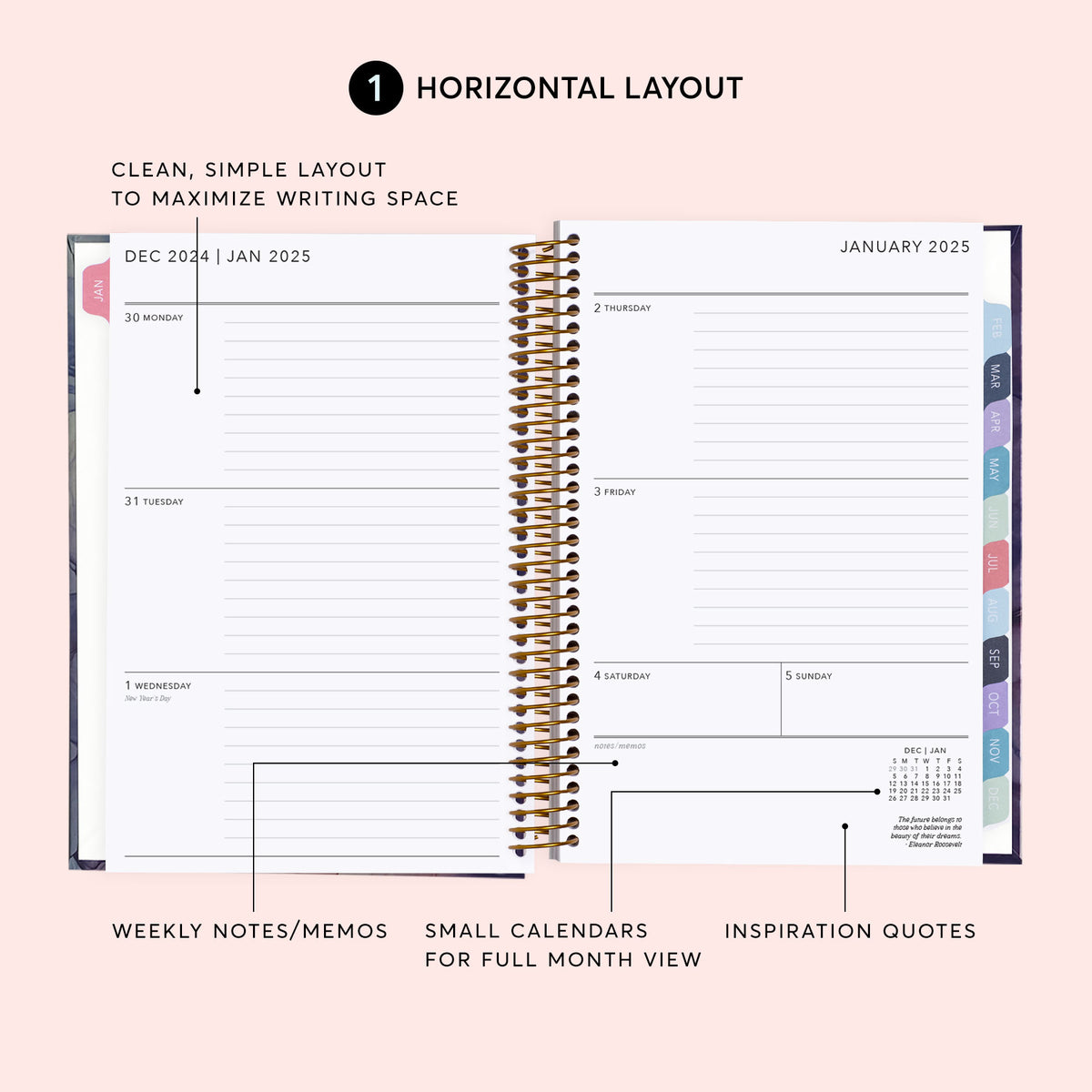 Horizontal weekly planner layout with daily writing areas, weekly notes and small monthly calendars.