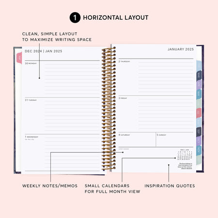 a spiral bound planner with the words horizontal layout