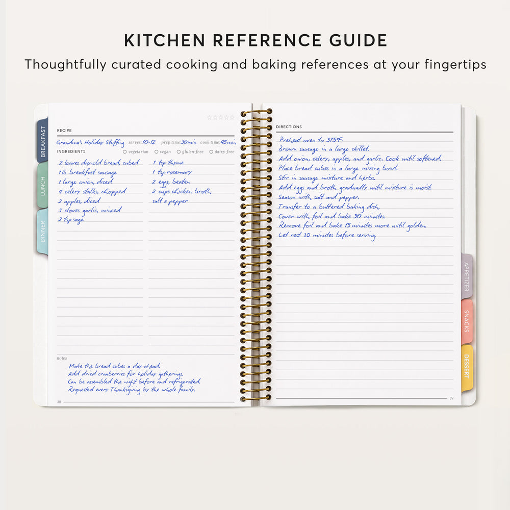 
                  
                    The image is a kitchen reference guide featuring a spiral-bound notebook with handwritten recipes and notes.
                  
                
