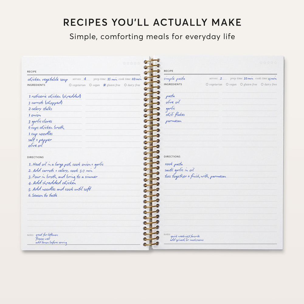 
                  
                    The image is a spiral-bound notebook with handwritten recipes and directions for simple, comforting meals.
                  
                