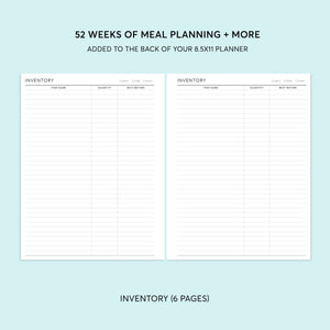 
                  
                    8.5×11 meal-planning add-on showing pantry inventory pages
                  
                