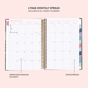 
                  
                    Two-page monthly calendar spread with a notes column and colored month tabs.
                  
                