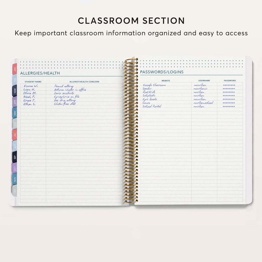 
                  
                    The image is a page from a notebook or planner, specifically a classroom section, with a section for allergies/health information and a section for password/logins.
                  
                