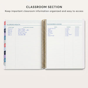 
                  
                    Teacher planner classroom pages for allergy and health information beside password and login records.
                  
                