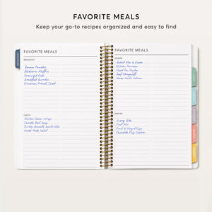 
                  
                    Recipe book favorite-meals pages with lists for breakfast, lunch, dinner and snacks.
                  
                