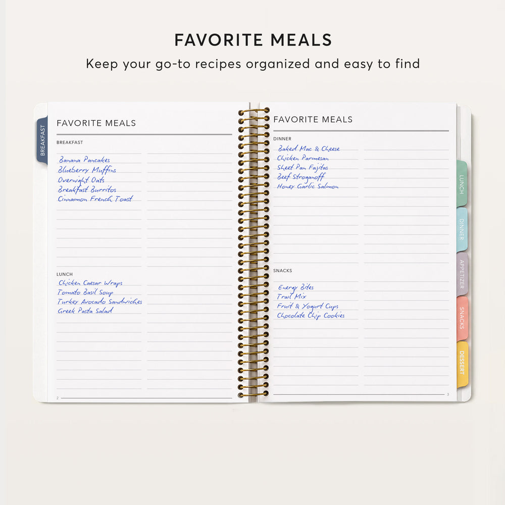 
                  
                    The image is a spiral-bound notebook with a list of favorite meals organized and easy to find.
                  
                