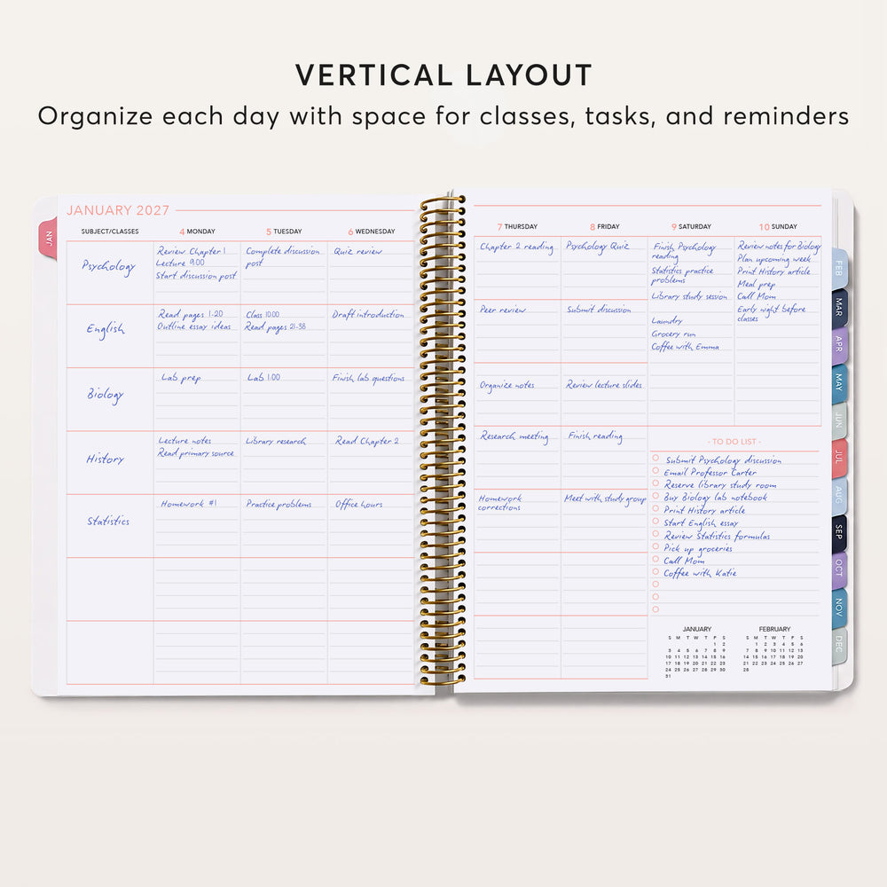 The image is a page from a spiral-bound notebook with a vertical layout, featuring a calendar for January 2021 and a schedule for the week.