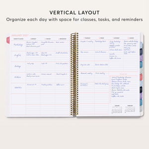 
                  
                    Open 8.5×11 student planner showing a January 2027 vertical weekly layout with space for classes, tasks and reminders.
                  
                