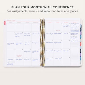 
                  
                    Student planner monthly calendar spread with handwritten assignments and important dates.
                  
                