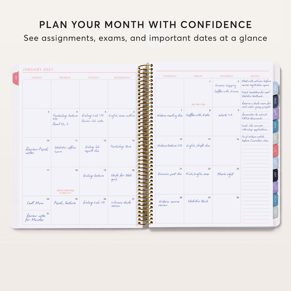 
                  
                    a spiral-bound notebook with a calendar for January of the following year, showing assignments, exams, and important dates.
                  
                