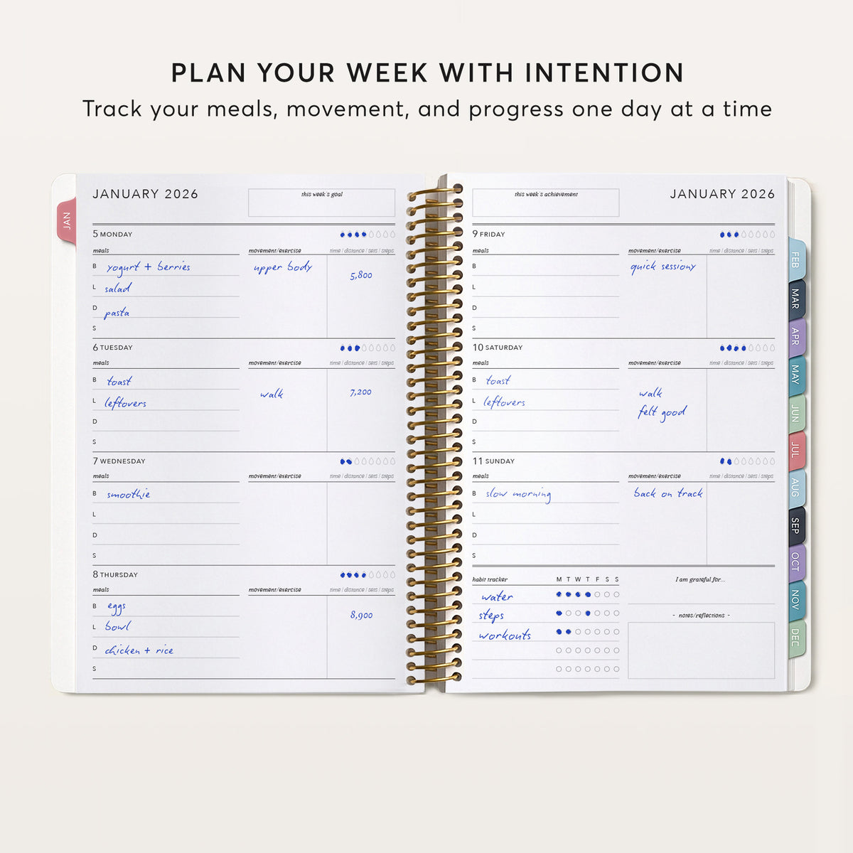 Fitness planner weekly spread with daily meals, activity notes and progress tracking.