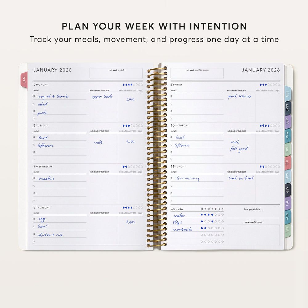The image is a page from a planner or journal, displaying a detailed schedule for the week. The page includes sections for tracking meals, movement, and progress, as well as a section for tracking daily activities and goals. The page is open and spread out, showing the layout and organization of the planning system.