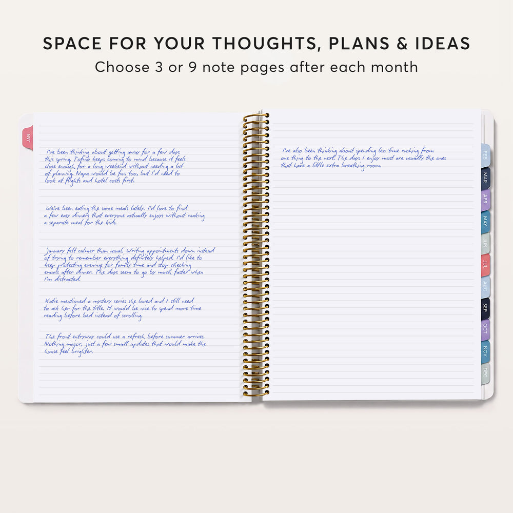 
                  
                    an open spiral-bound notebook with handwritten text on the pages, suggesting it is a space for thoughts, plans, and ideas.
                  
                