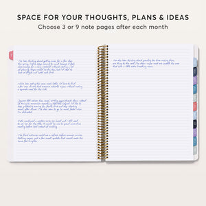 
                  
                    Lined notes spread in an open planner, with handwritten ideas and colored month tabs.
                  
                