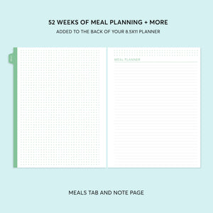 
                  
                    8.5×11 meal-planning add-on showing a green tab and meal-planning notes page
                  
                