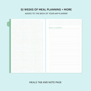 
                  
                    6×9 meal-planning add-on showing a green tab and meal-planning notes page
                  
                