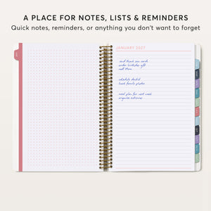 
                  
                    Dot-grid and lined notes pages in a planner, with reminders beneath a January heading.
                  
                
