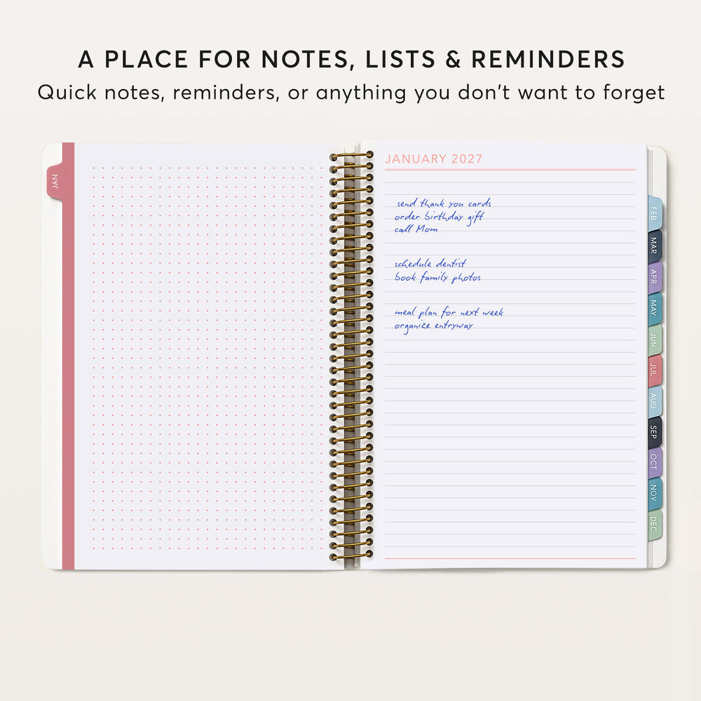 
                  
                    The image is a page from a spiral-bound notebook, displaying a list of notes and reminders for January of the year 2027.
                  
                