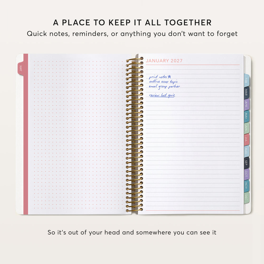 
                  
                    The image is a page from a spiral-bound notebook with a blank page and a lined page with handwritten notes. The caption below the image reads "A PLACE TO KEEP IT ALL TOGETHER" and "So it's out of your head and somewhere you can see it".
                  
                