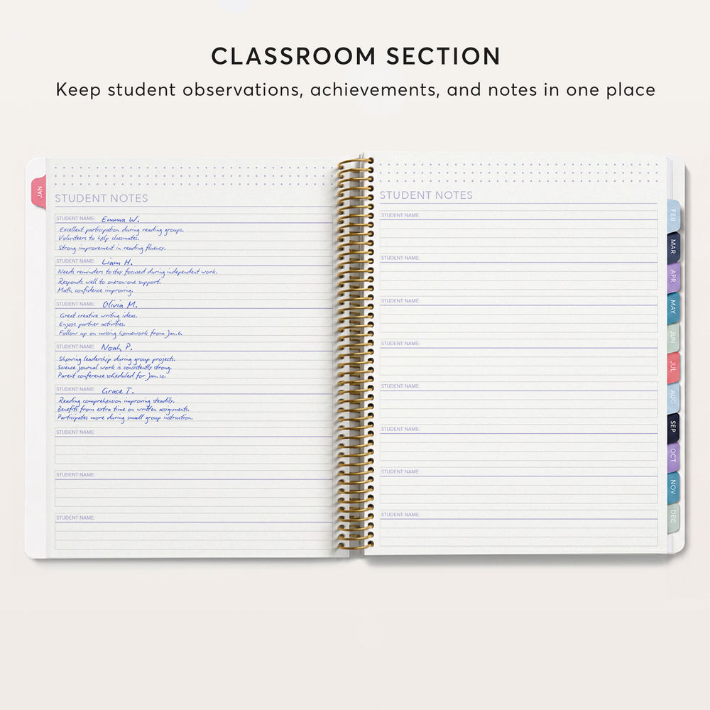 
                  
                    an open spiral-bound notebook with a page titled "CLASSROOM SECTION" at the top. The page has two columns for student notes and student names, and it appears to be a structured layout for organizing student observations, achievements, and notes in one place.
                  
                