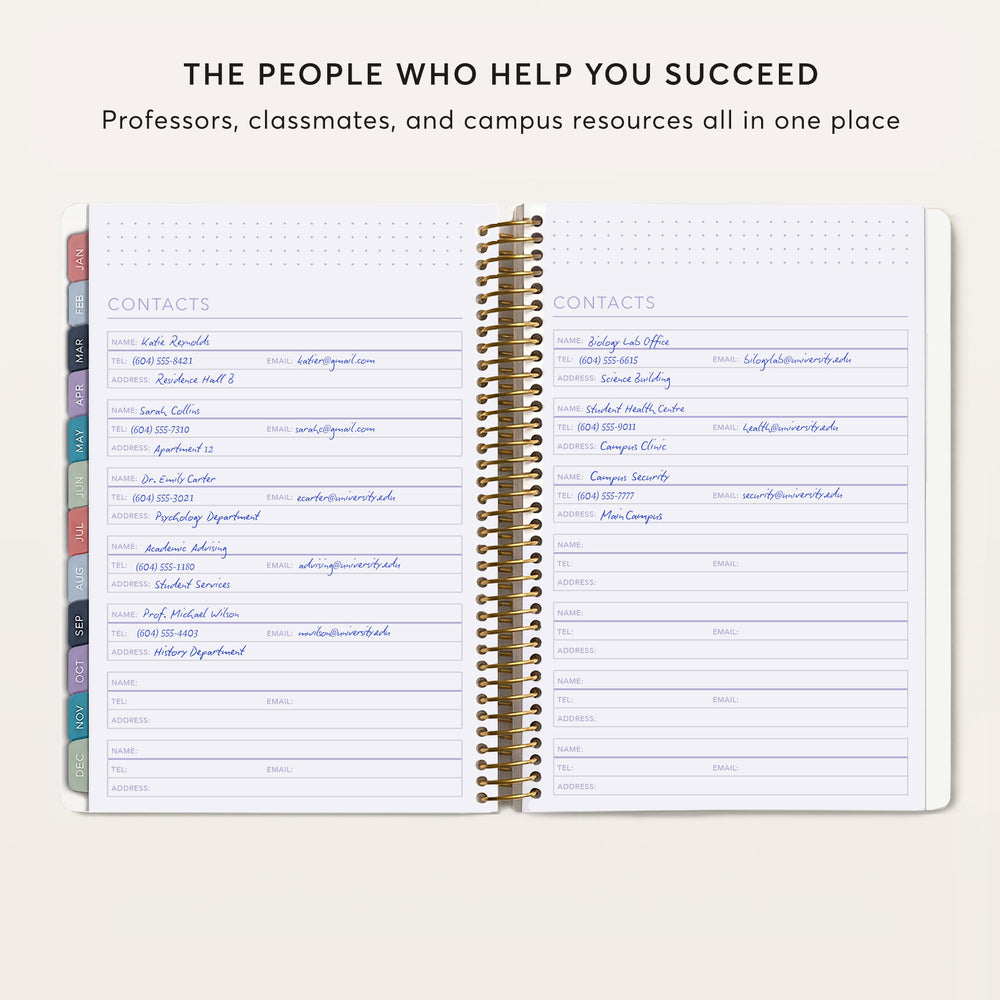 
                  
                    The image is a page from a spiral-bound notebook or planner, featuring a list of contact information for various people, including professors, classmates, and campus resources.
                  
                