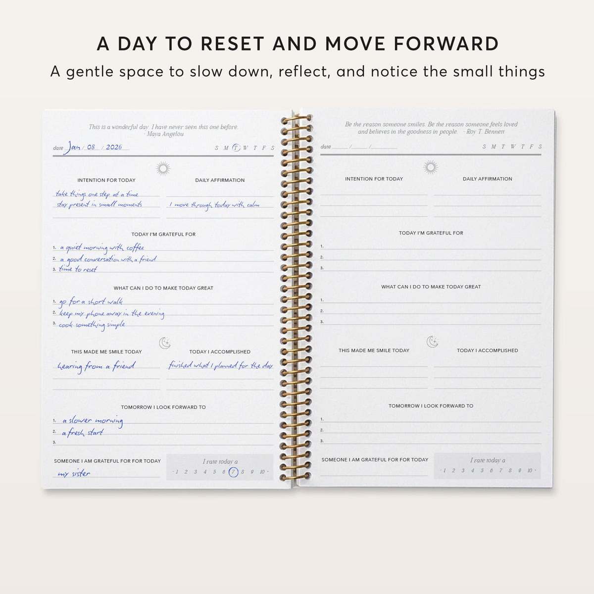 Gratitude journal daily pages with prompts for intentions, gratitude, accomplishments and looking ahead.