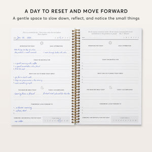 
                  
                    Gratitude journal daily pages with prompts for intentions, gratitude, accomplishments and looking ahead.
                  
                